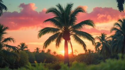 Palm trees and sunset in a vintage style