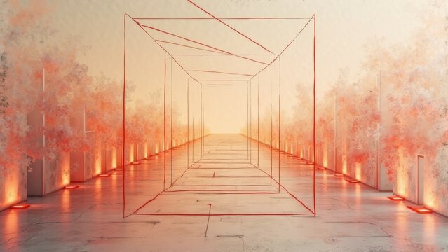 Abstract geometric installation with red wireframe tunnel in modern art gallery
