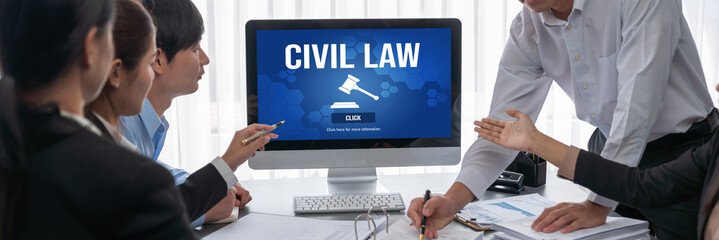 Civil law brisk information showing on computer screen for Common Justice Legal Regulation Rights...