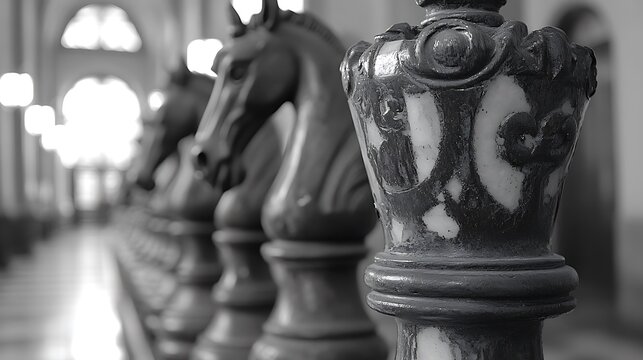 Chess pieces in a row, black and white