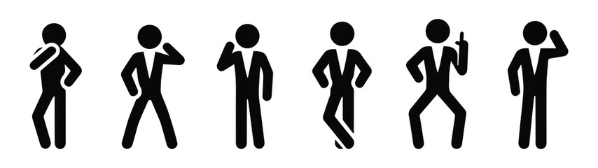stick figure man icon, people waving their hands, human silhouettes isolated, basic poses set	