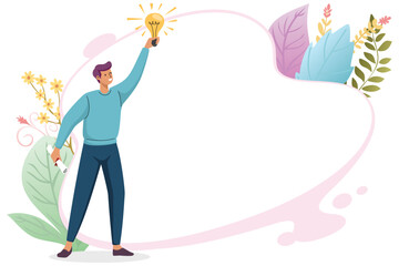 Man holding bright light bulb with blank space  
