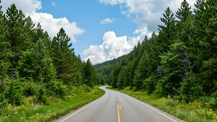 Fototapeta premium Scenic road winding through lush evergreen forest under a bright blue sky with fluffy clouds, a pathway to serenity in nature.