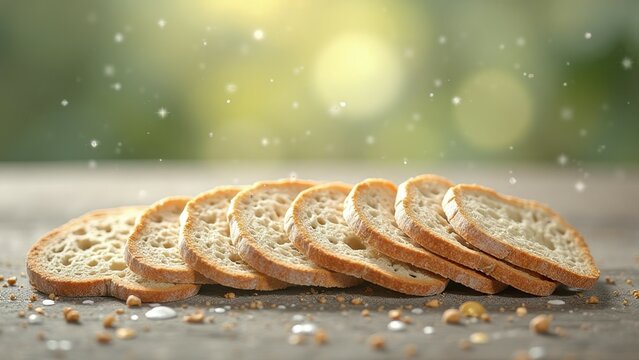 Sliced whole wheat bread on rustic wooden table with sunlit bokeh