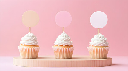 Three vanilla cupcakes with pastel round paper toppers on wooden stand and pink background