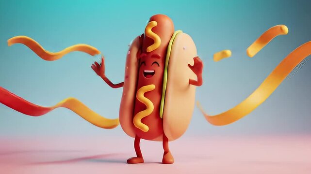 Cartoon Hotdog Character With Arms Legs And Ketchup Mustard On a Gradient Background