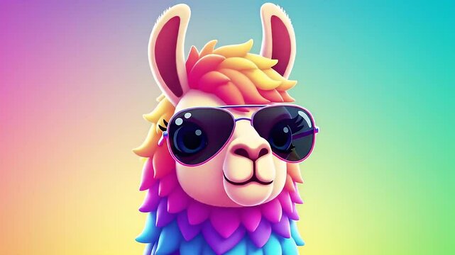 Cartoon Llama With Sunglasses In Colorful Gradient Background Close Up Portrait