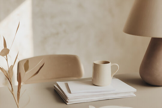 Tranquil workspace composition showcasing neutral tones and minimalist aesthetics promoting focus