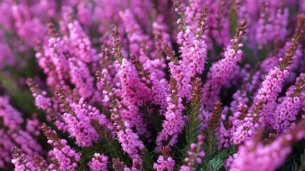 Fototapeta premium Pretty pink and purple heather flowers are blooming in fields at Veluwe Zuiderheide park in the Netherlands. 