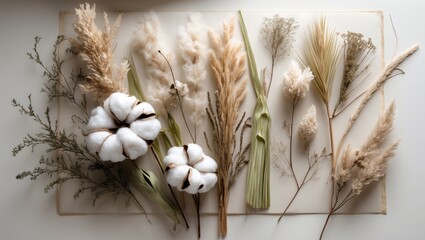 Pictures featuring cotton, dried pampas grass branches, and field vegetation handmade into botanical design pieces sourced from a herbarium.