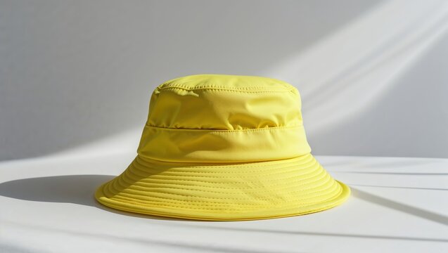 Bright yellow bucket hat displayed on a plain surface with sunlight creating soft shadows during the day