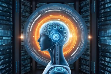 Futuristic ai female head with glowing orange circle in server room setting
