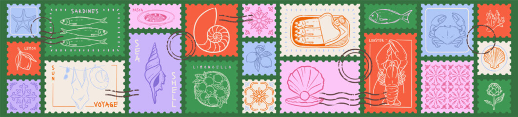 Vintage Italian Summer Stamps. Mediterranean illustration of sardines, lobster, crab, lemon, sea shells, tile. Hand drawn print element design. Amalfi vacation retro drawing stickers for collage.