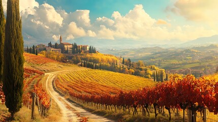 Scenic autumnal vineyard landscape with rolling hills and village.