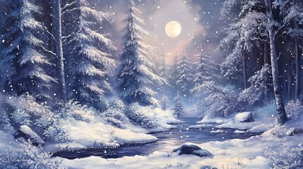 Snowy forest scene under a full moon.