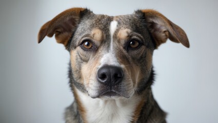 Studio photograph of a mixed-breed dog's head on a white background