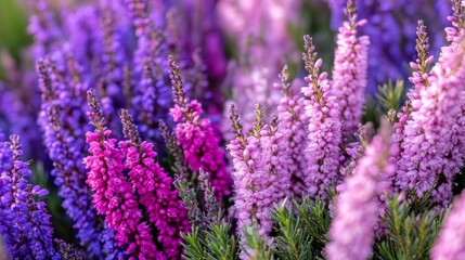 Obraz premium Purple and pink heather flowers are blooming in the heather fields of Veluwe Zuiderheide park in the Netherlands. 