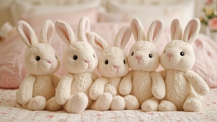 Obraz premium Cute Plush Bunnies in Soft Pastel Colors Sit Together, Perfect for a Cozy and Whimsical Décor