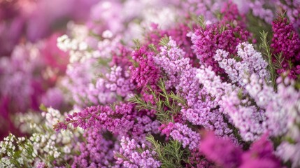 Obraz premium Purple and pink heather flowers are blooming in the heather fields of Veluwe Zuiderheide park in the Netherlands. 