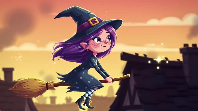 Cartoon Witch Flying on Broom at Twilight Over Rooftops Pixel Art Style