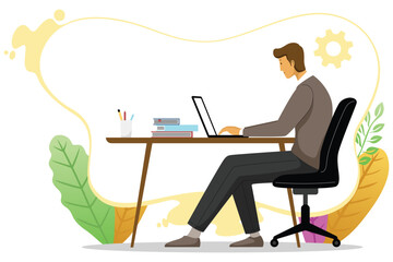 Man working at desk with laptop and books  
