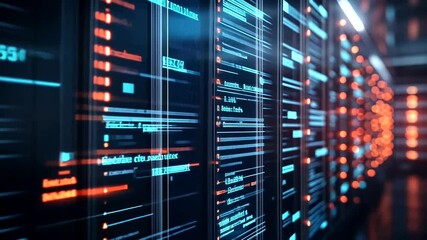Server room with glowing data lines, digital interface aesthetic - Powered by Adobe
