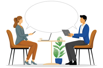 Two people talking with laptops and speech bubble  
