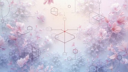 Futuristic floral background with geometric lines over soft pastel flowers