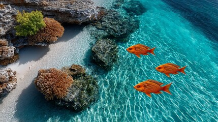 underwater fish patterns, minimal coral fish swimming in diagonal rhythm over turquoise