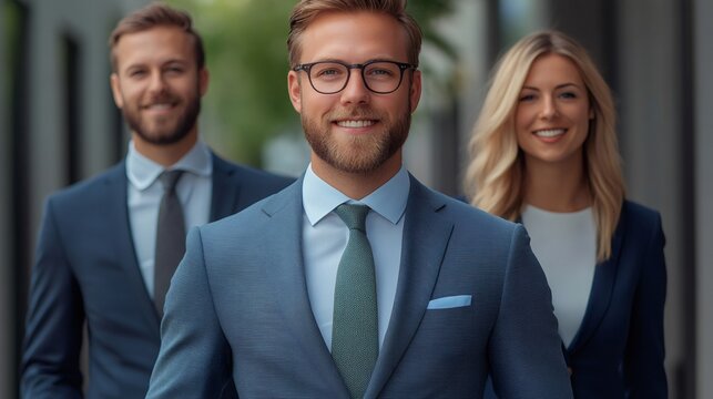 Confident business team walking in urban setting