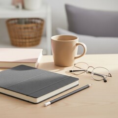 A premium pastel pink workspace mockup with a notebook, pencil, mug, and glasses. Soft lighting, cozy textures, and sharp details create a stylish, Scandinavian hygge vibe. No text or logos.