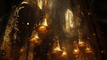 Golden bells hanging in a dark, stone interior.