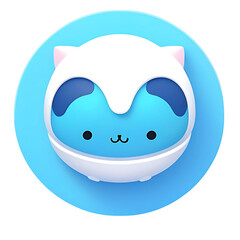 Cute blue cartoon cat in a white spacesuit on a light blue circle.