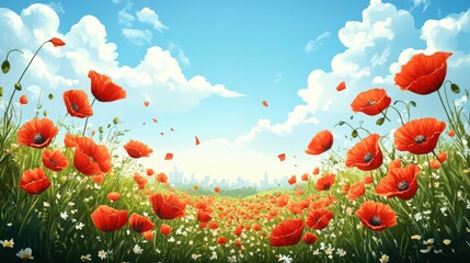 Obraz premium Vibrant red poppies sway gently in a sun-drenched field.