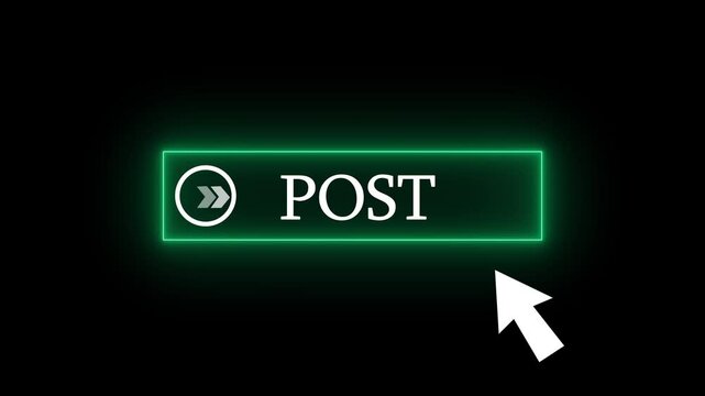 Glowing neon green  color white text cursor animation pointing towards post button in looping with transparent