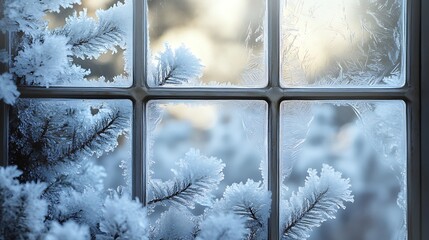 Frozen windowpane adorned with frosty pine branches.