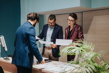 A group of coworkers standing around a desk reviewing documents in an office setting. Depicting...