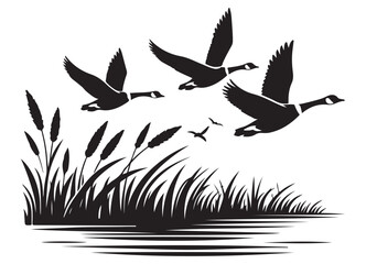 Geese Flying Over Marsh Silhouette Vector Illustration For Printables