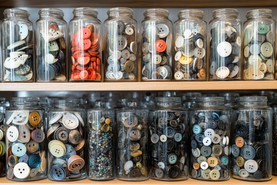 A Collection of Colorful Buttons in Glass Jars, Organized on Wooden Shelves, Craft Supplies, Sewing Materials, Vintage Buttons