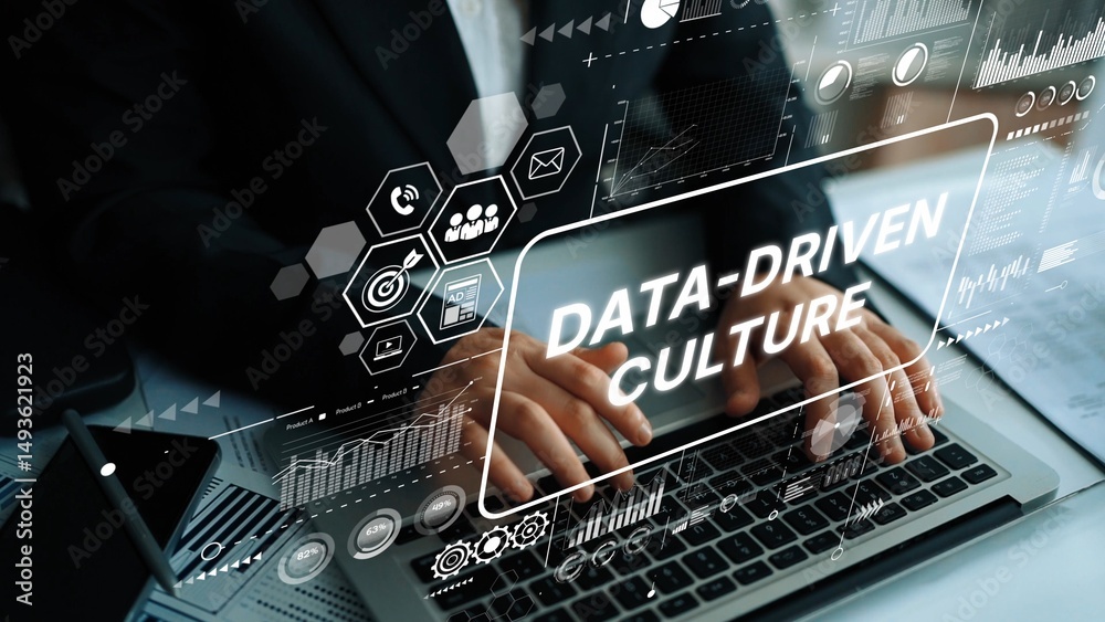 Poster modern business environment embracing data-driven culture through technology and analytics for enhan
