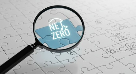 Magnifying glass over a puzzle piece with net zero environmental concept