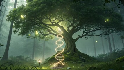 Enchanting forest scene featuring a glowing dna strand illuminated by fireflies and a magical tree Ai HD video download.
 - Powered by Adobe