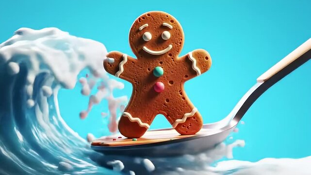 Gingerbread Cookie Surfing on Spoon in Milk Wave Against Blue Background