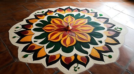 Colorful, intricate floor design with a symmetrical flower pattern.