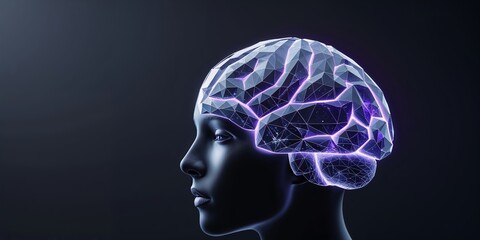 Digital representation of a human brain with glowing connections in a futuristic setting