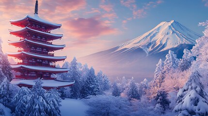 Winter sunrise over snow-covered Japanese pagoda and mountain.