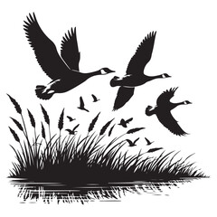 Flying Canada Geese Silhouette over Marshland Vector Illustration