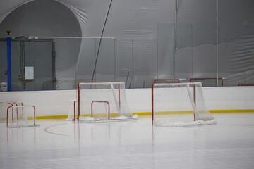 Ice hockey goals on ice ready for training