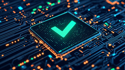 green check mark on a to do checklist. Digital circuit board with a glowing checkmark icon.