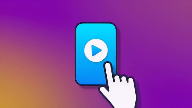 Hand Tapping on a Blue Rounded Rectangle Phone on a Gradient Background With a Play Icon